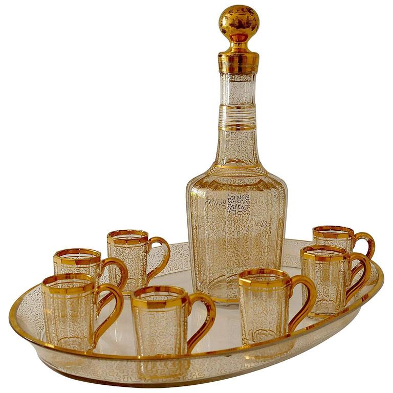 1870 Rare French Baccarat Gold Crystal Liquor Service Decanter, Cups and Tray at 1stDibs