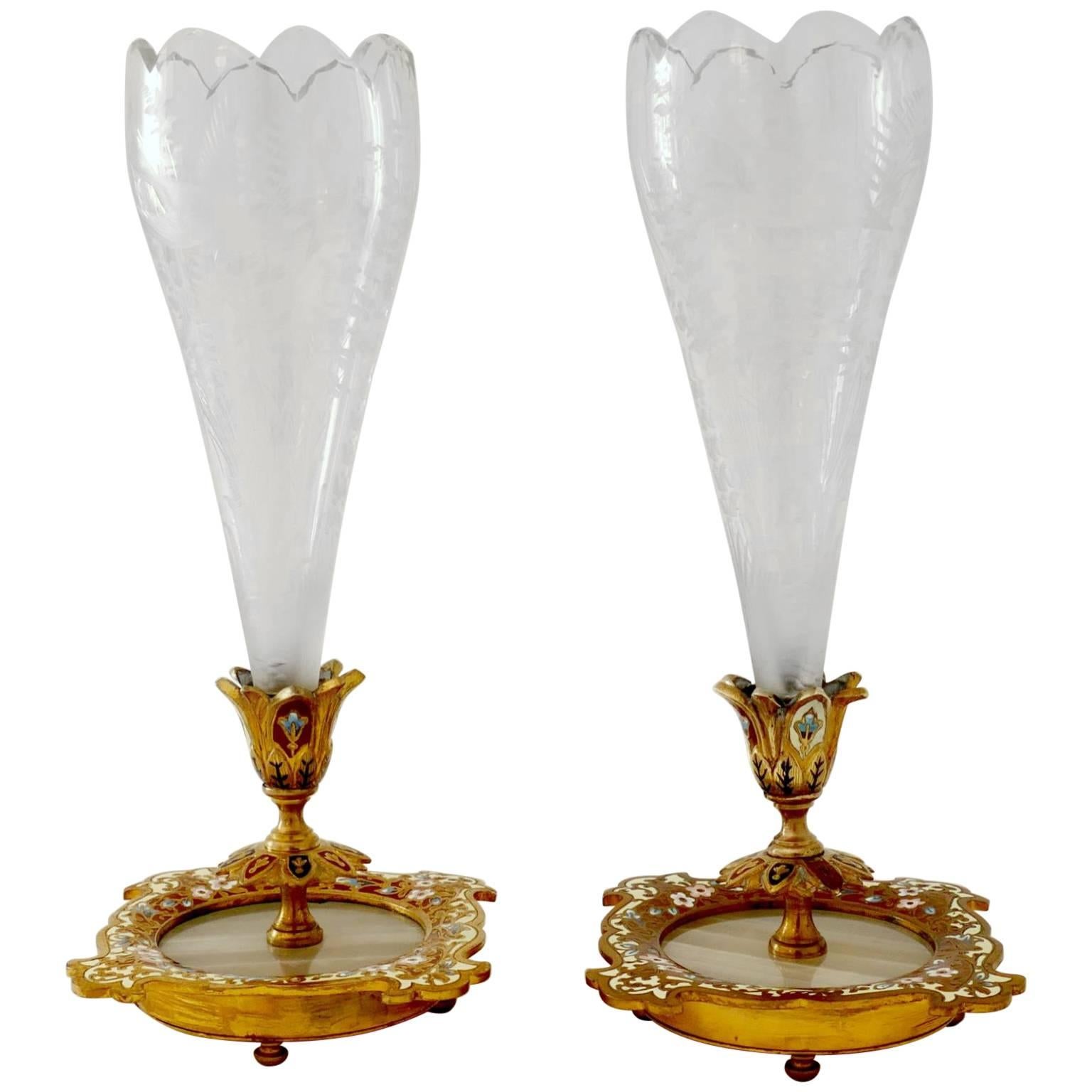 Rare Pair Antique French Champlevé Enamel Baccarat Crystal Epergne/Vases