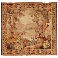 Antique French Tapestry Two Trees Overlooking a River Bridge in Autumnal Colors