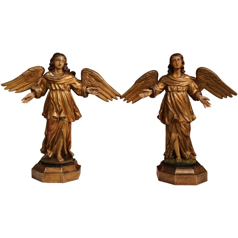 Pair of 19th Century, French Carved Gilt Winged Angels Statues at 1stDibs