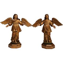 Pair of 19th Century, French Carved Gilt Winged Angels Statues