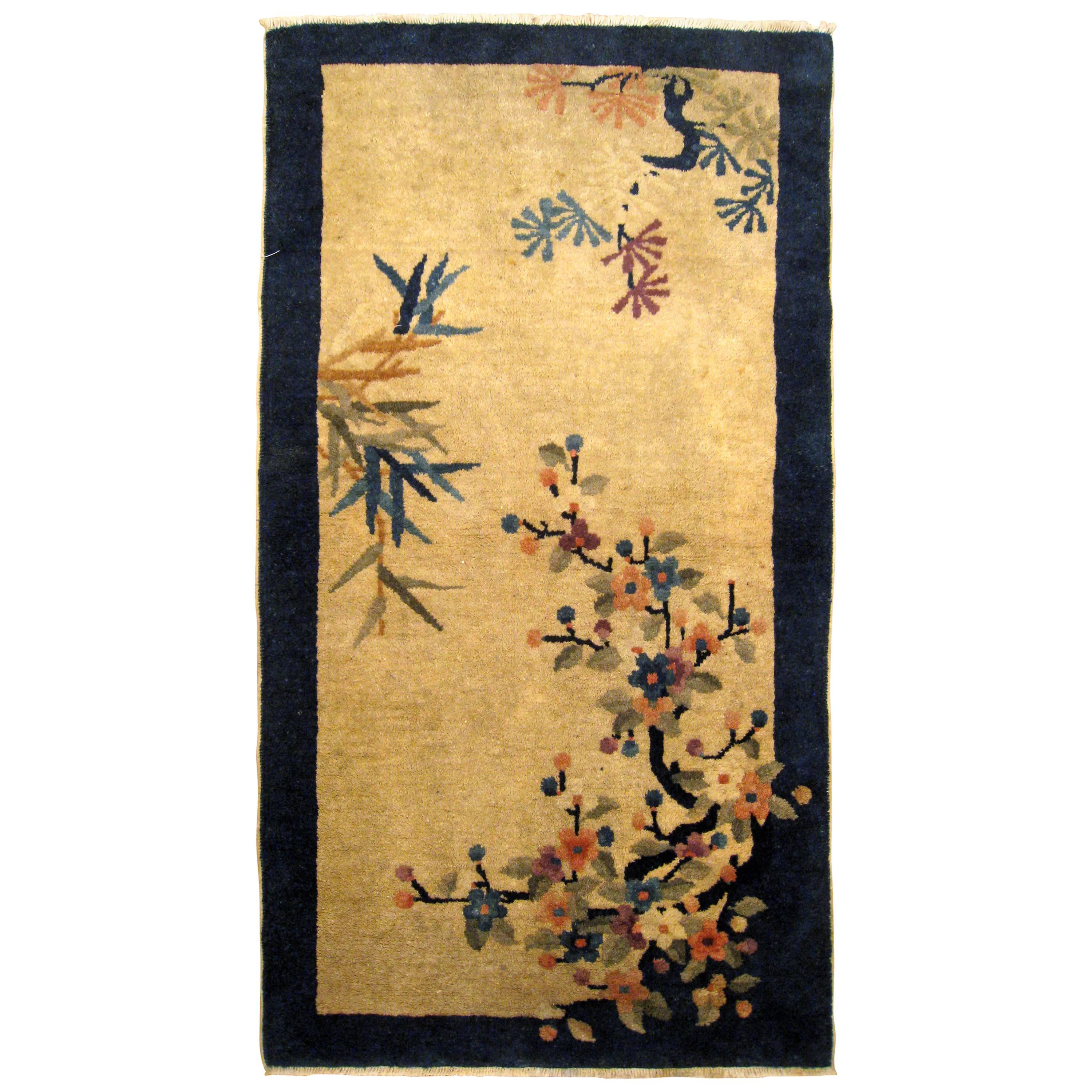 Antique Chinese Peking Oriental Rug, in Small Size, w/ Trees & Flowers at Center For Sale