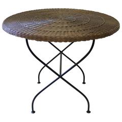 1950s French Rattan Top Table on Bent Steel Base
