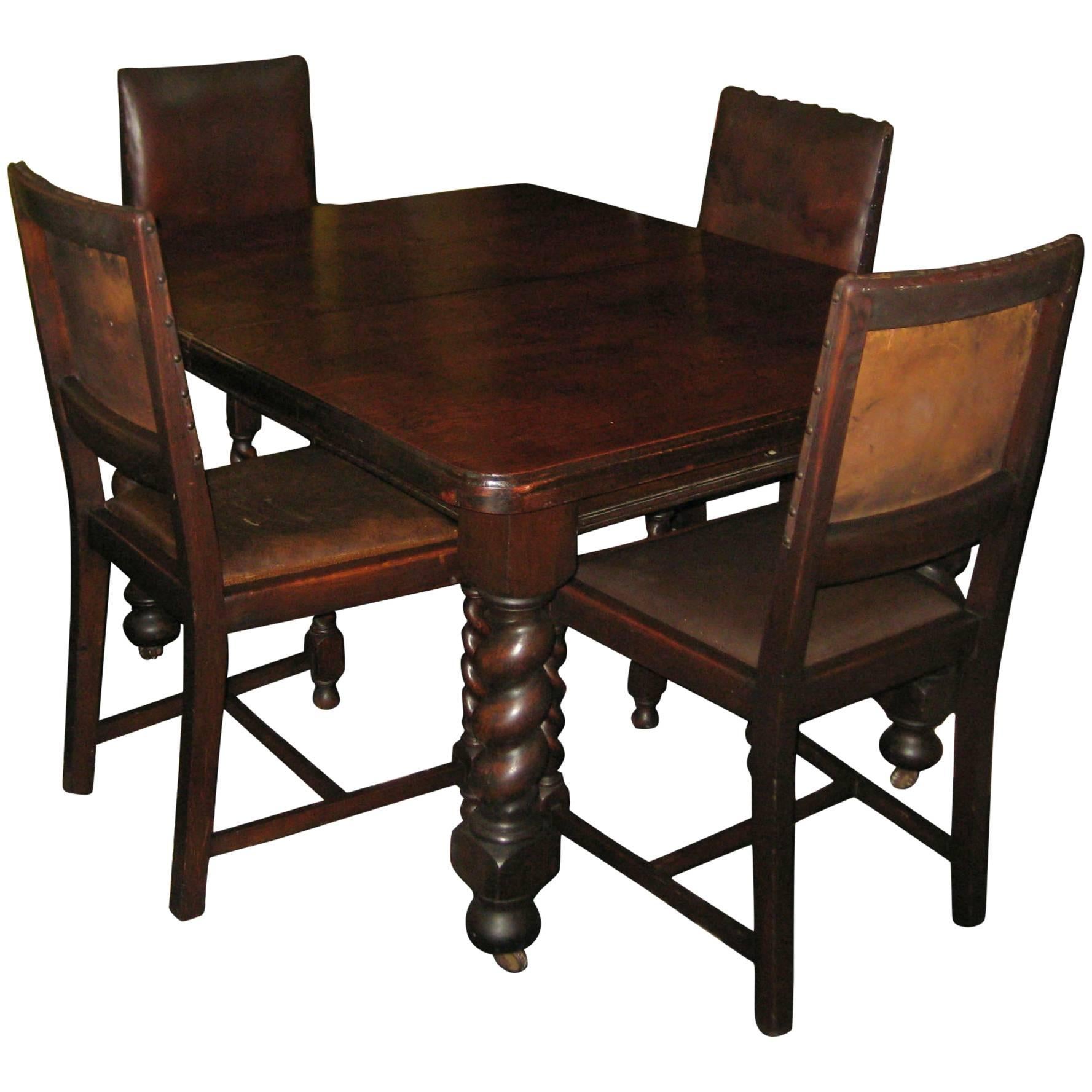 19th Century English Carved Oak Barley Twist Table and Four Chairs