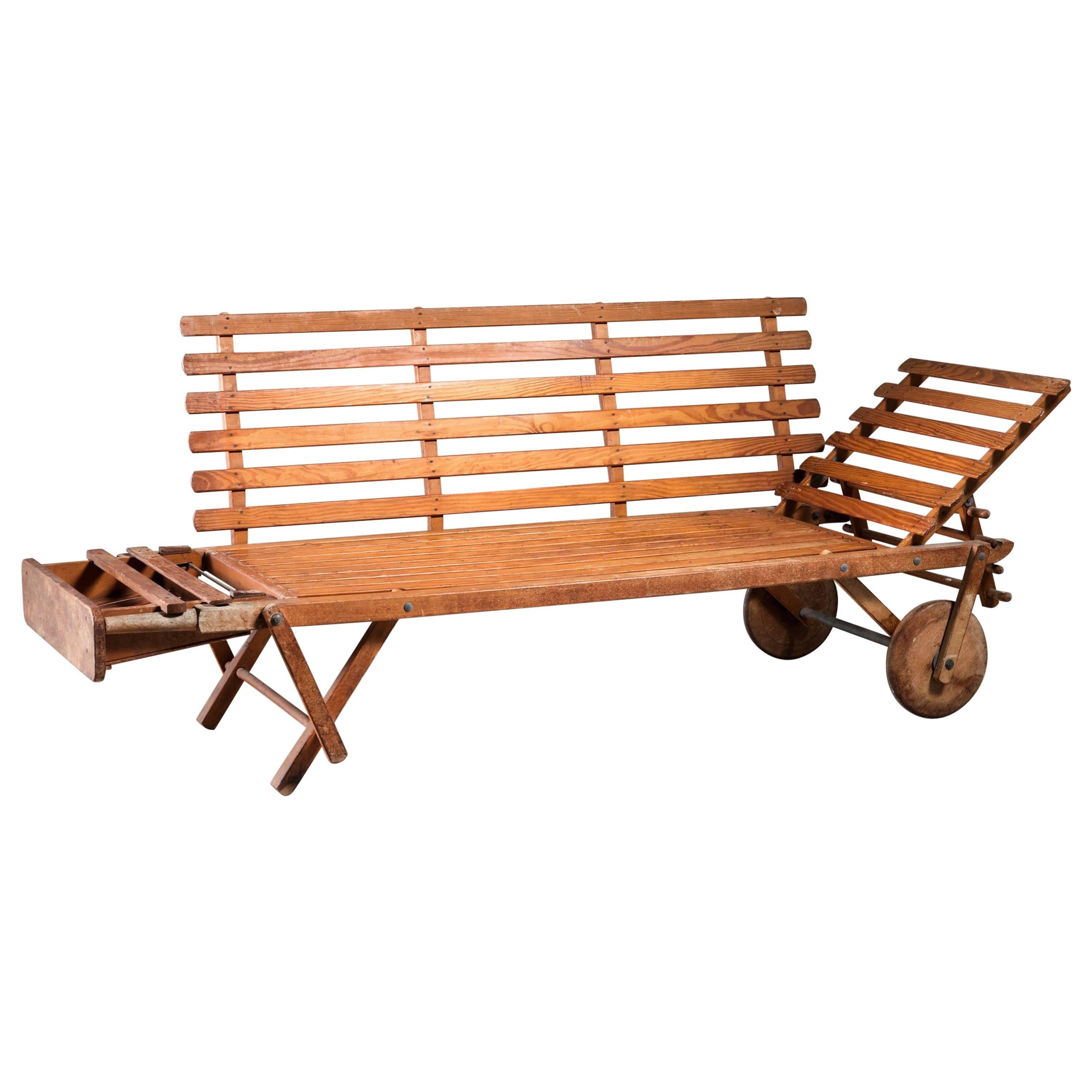 Swedish Wooden Sunbed with Wheels, 1930s