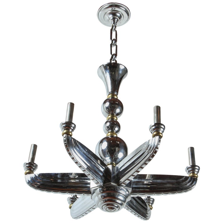 French Brass and Chrome Art Deco Chandelier For Sale