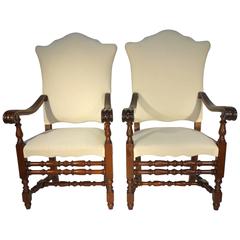 Antique Italian 17th Century Style Walnut Armchair, Set of Two, circa 1880
