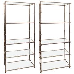 Pair of Chrome Etageres/Bookcases with Glass Shelves