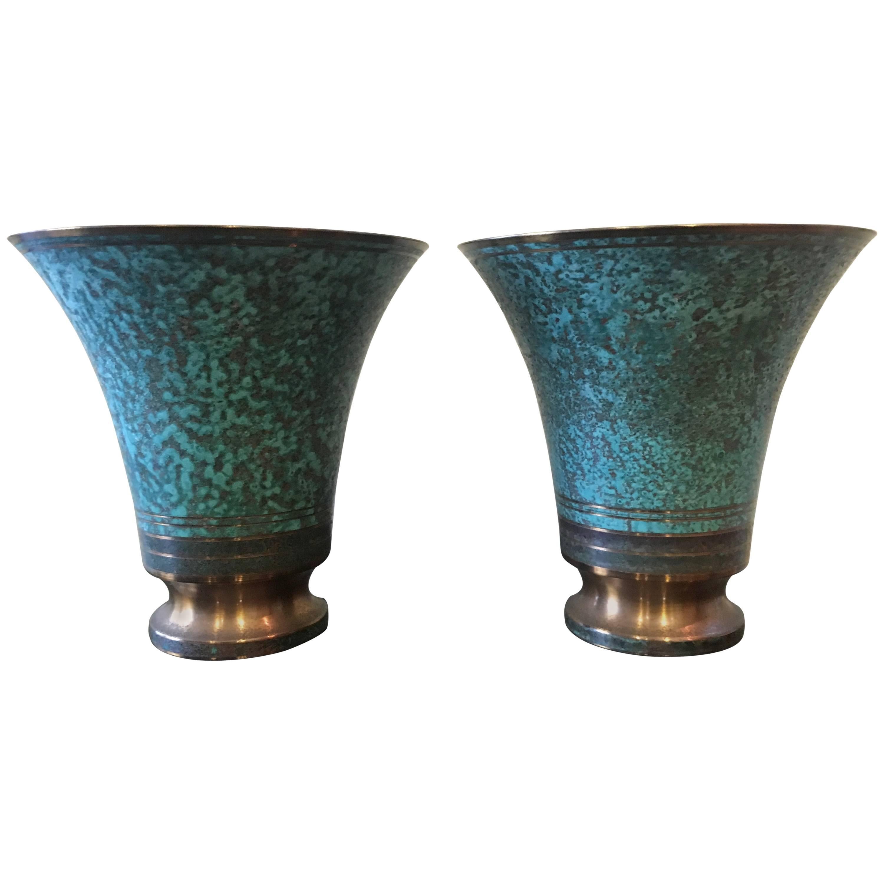 Pair of Bronze Art Deco Signed Carl Sorensen Verdigris Urns Vases