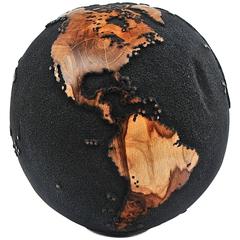 25 cm Black Wooden Globe from Teak Root Hand-Carved Rotative Base