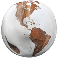 Wooden Globe White from Teak Root Hand-Carved Rotative Base