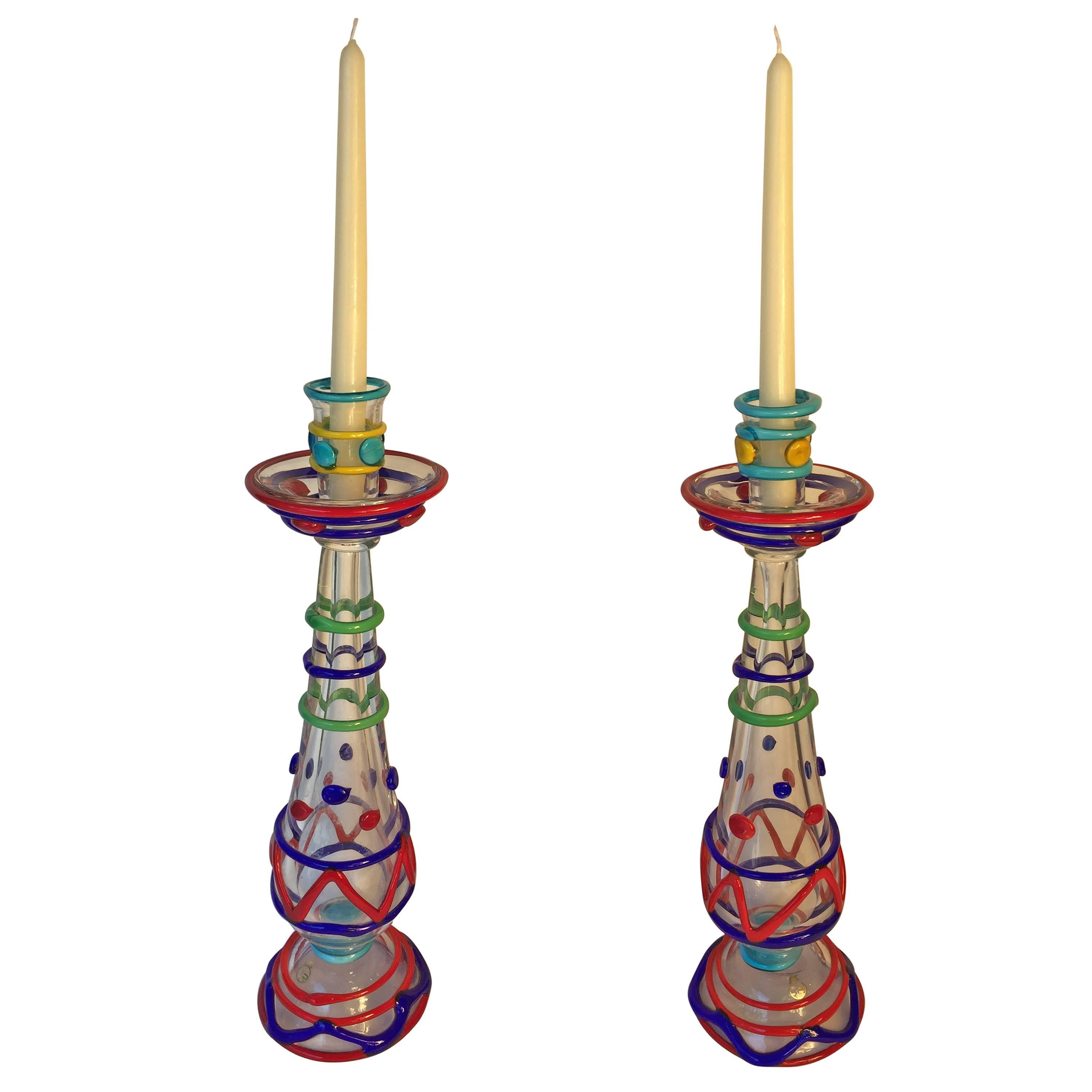 Tall Pair Masterwork Hand Blown Colorful Glass Candle holders, 18" Ferro 1950