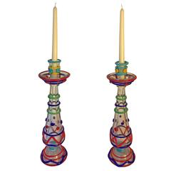 Antique Murano Big Pair Masterwork Hand Blown Colorful Glass Candle holders 1950 11
