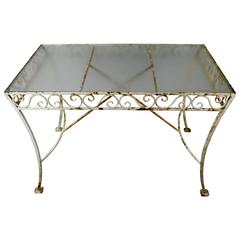Mid-20th Century French Wrought Iron Garden Table with Glass Top