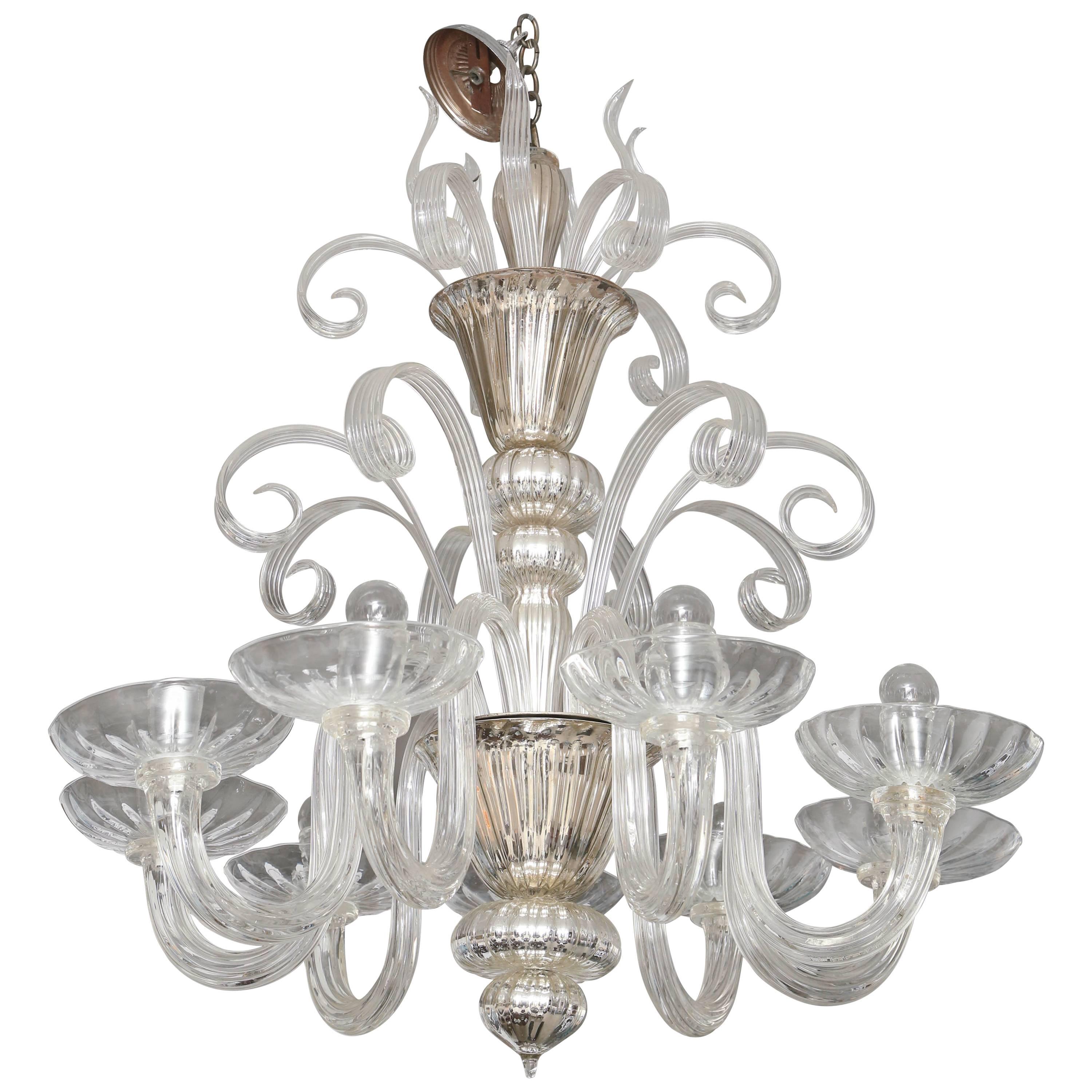 Nine-Arm Murano Chandelier in Clear & Mercury Glass, Venice, circa 1930s-1940s