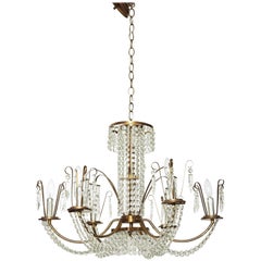 Hollywood Regency Six-Light Crystal and Antique Brass Chandelier