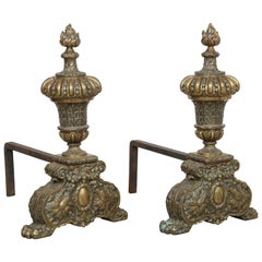 Pair of Large-Scale Georgian Revival, Neoclassical Brass Fireplace Andirons