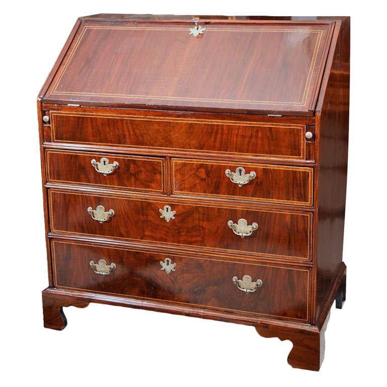 English Walnut Slant Front Bureau/Desk with String Inlay