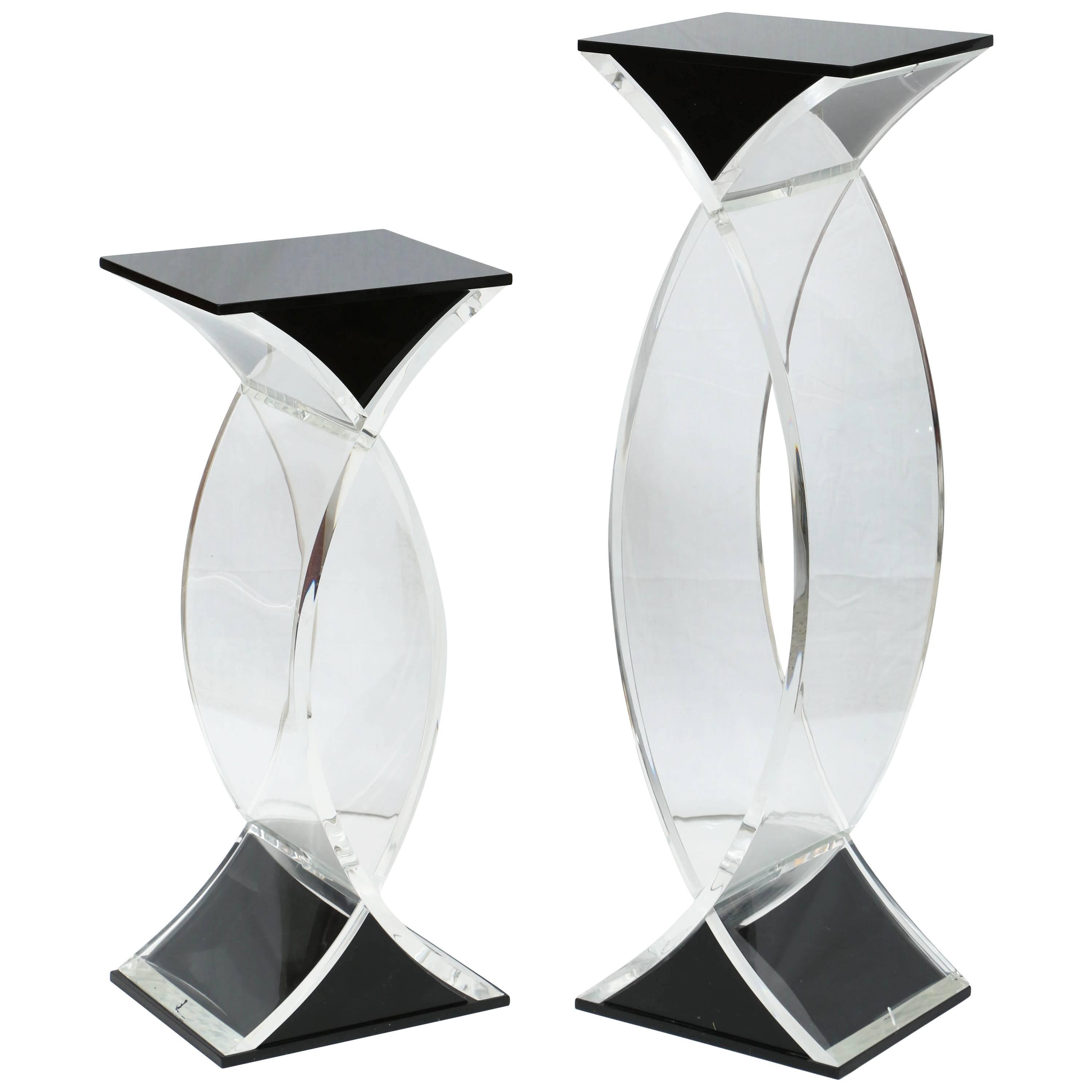 Set of Two Pedestals in Clear and Black Lucite, American, 1980s