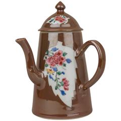 Antique Chinese Export Porcelain Famille Rose Coffee Pot and Cover, Brown Enamel