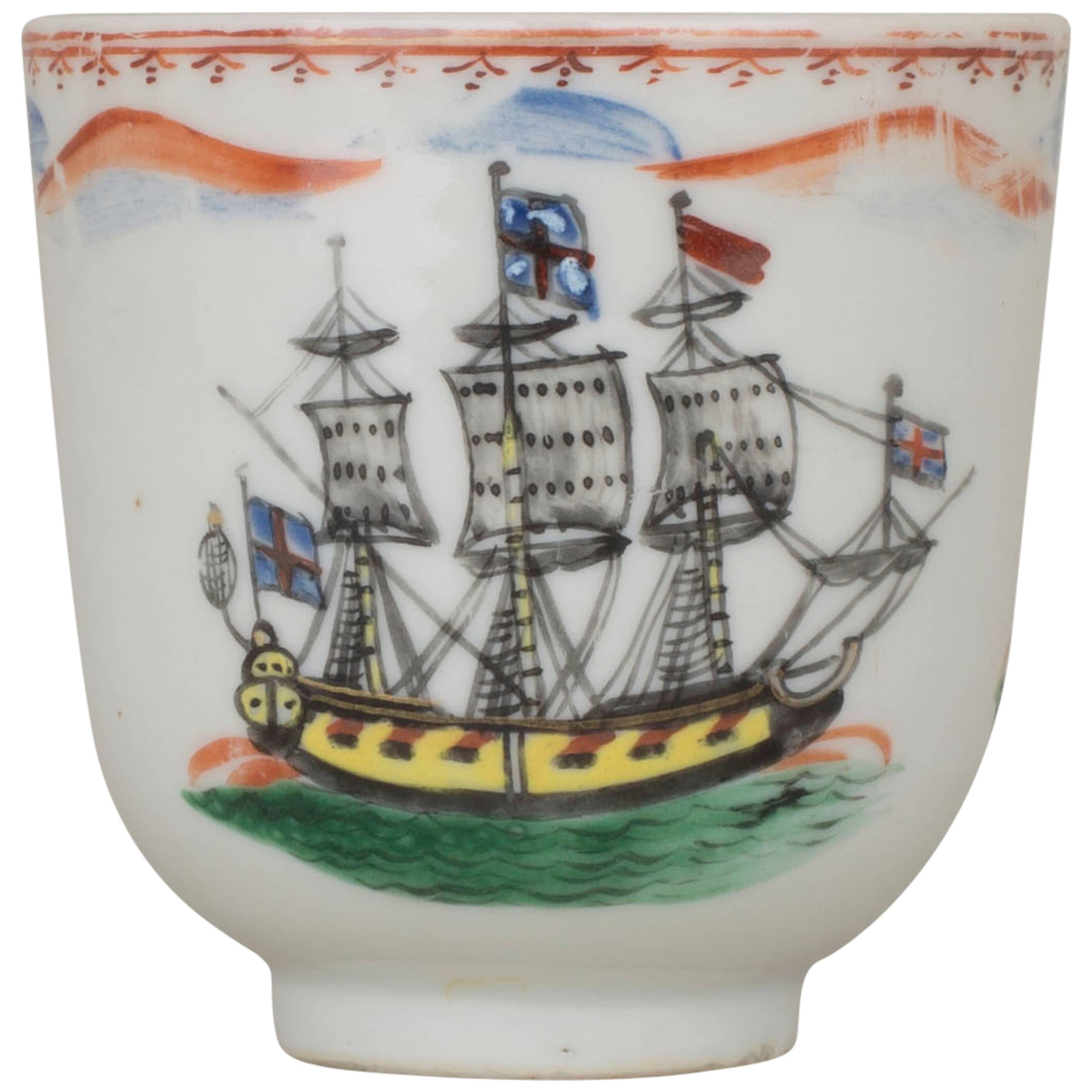Chinese Export Porcelain Coffee Cup with Three Ships and Flags, 18th Century For Sale