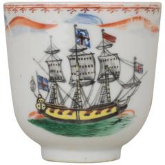 Chinese Export Porcelain Coffee Cup with Three Ships and Flags, 18th Century