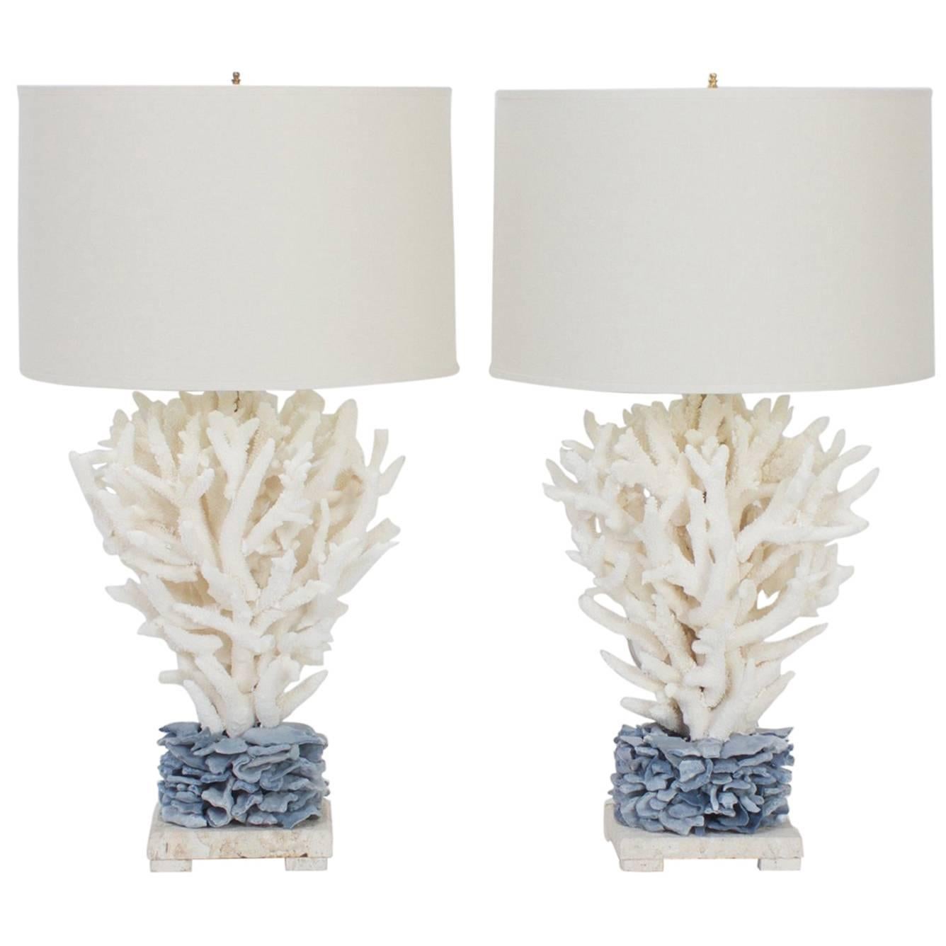Inspired Pair of Blue and White Staghorn Coral Table Lamps