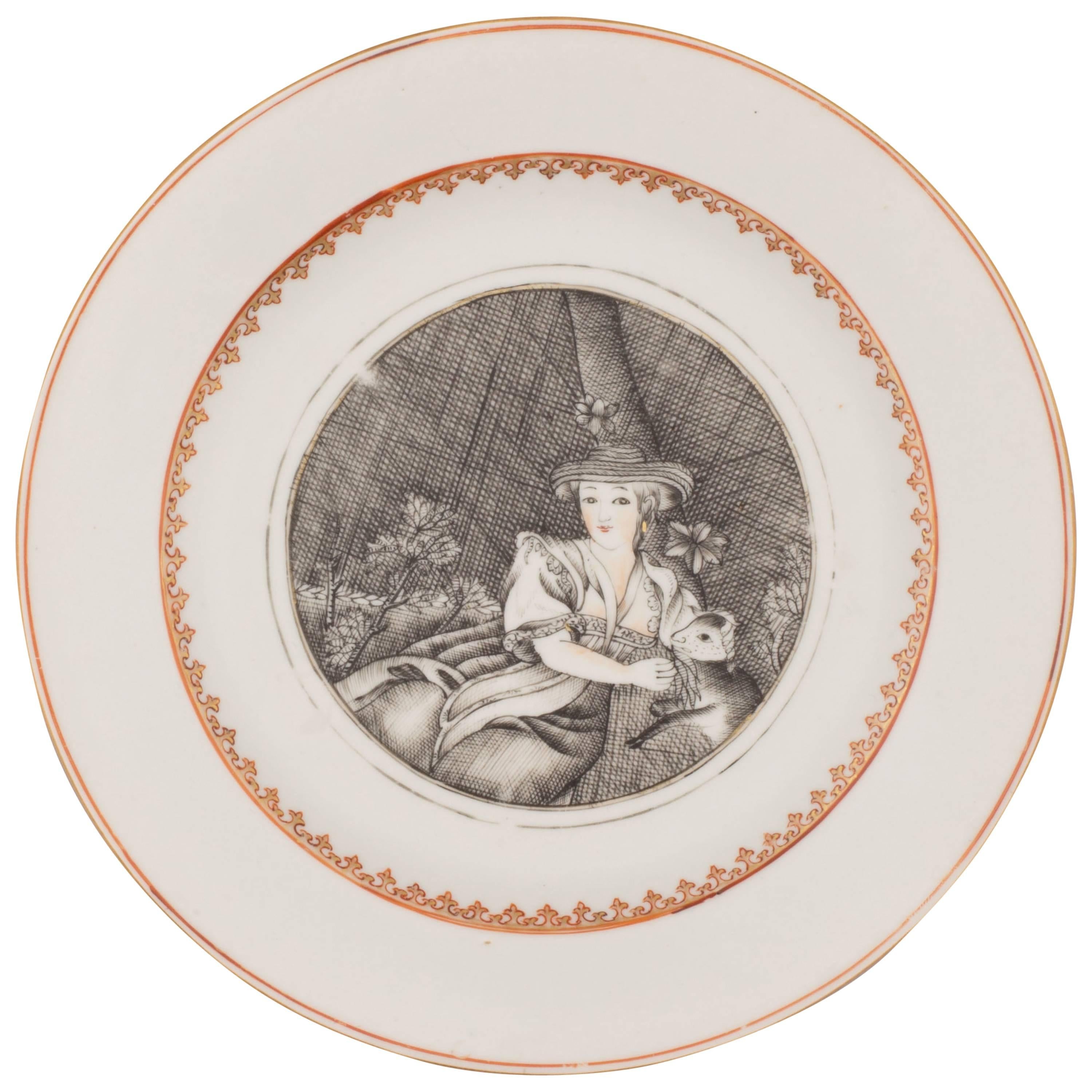 Chinese Porcelain Plate Decorated in Grisaille with a Shepherdess, 18th Century