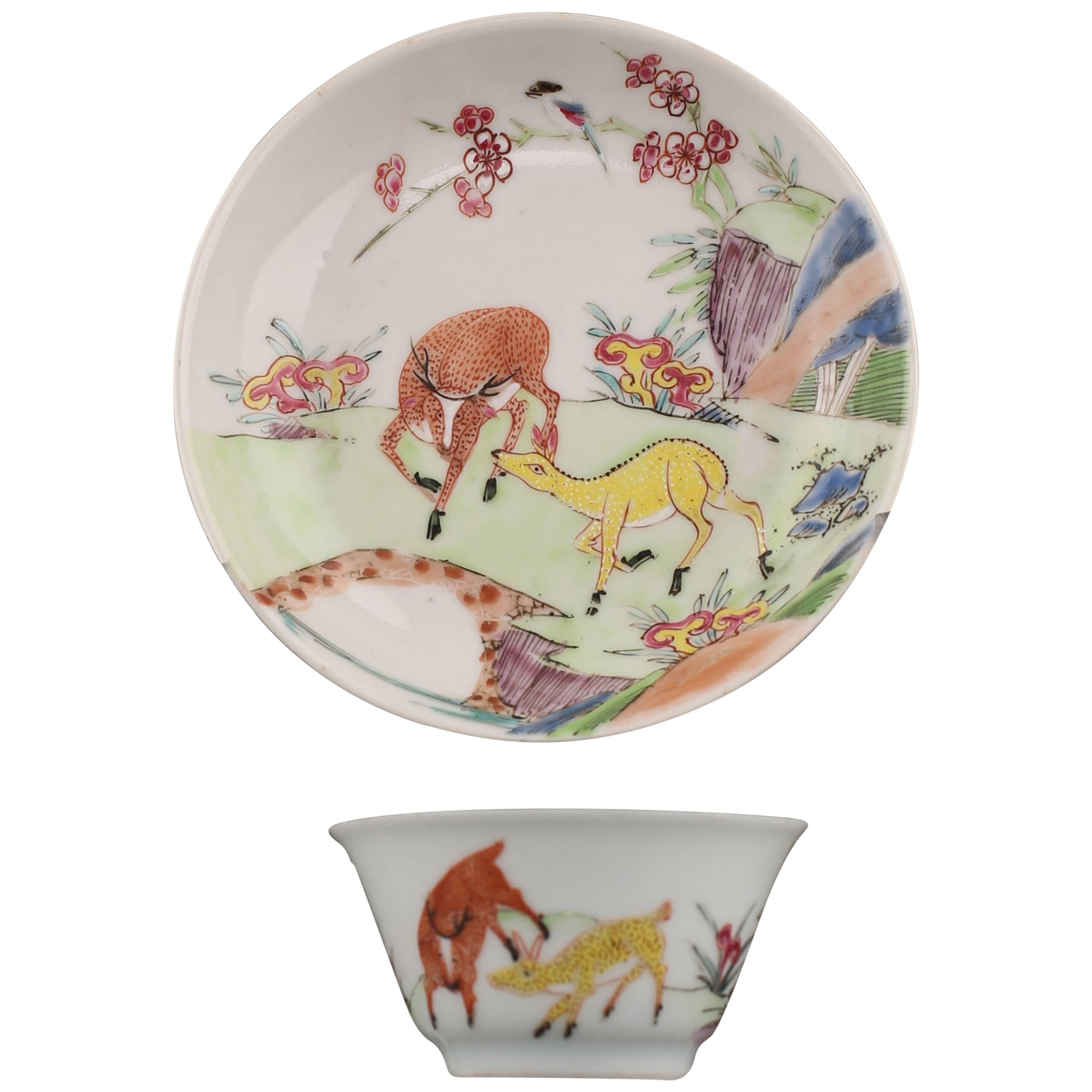 Chinese Porcelain Famille Rose Tea Bowl and Saucer Deer and Stag 18th Century For Sale