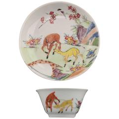 Antique Chinese Porcelain Famille Rose Tea Bowl and Saucer Deer and Stag 18th Century