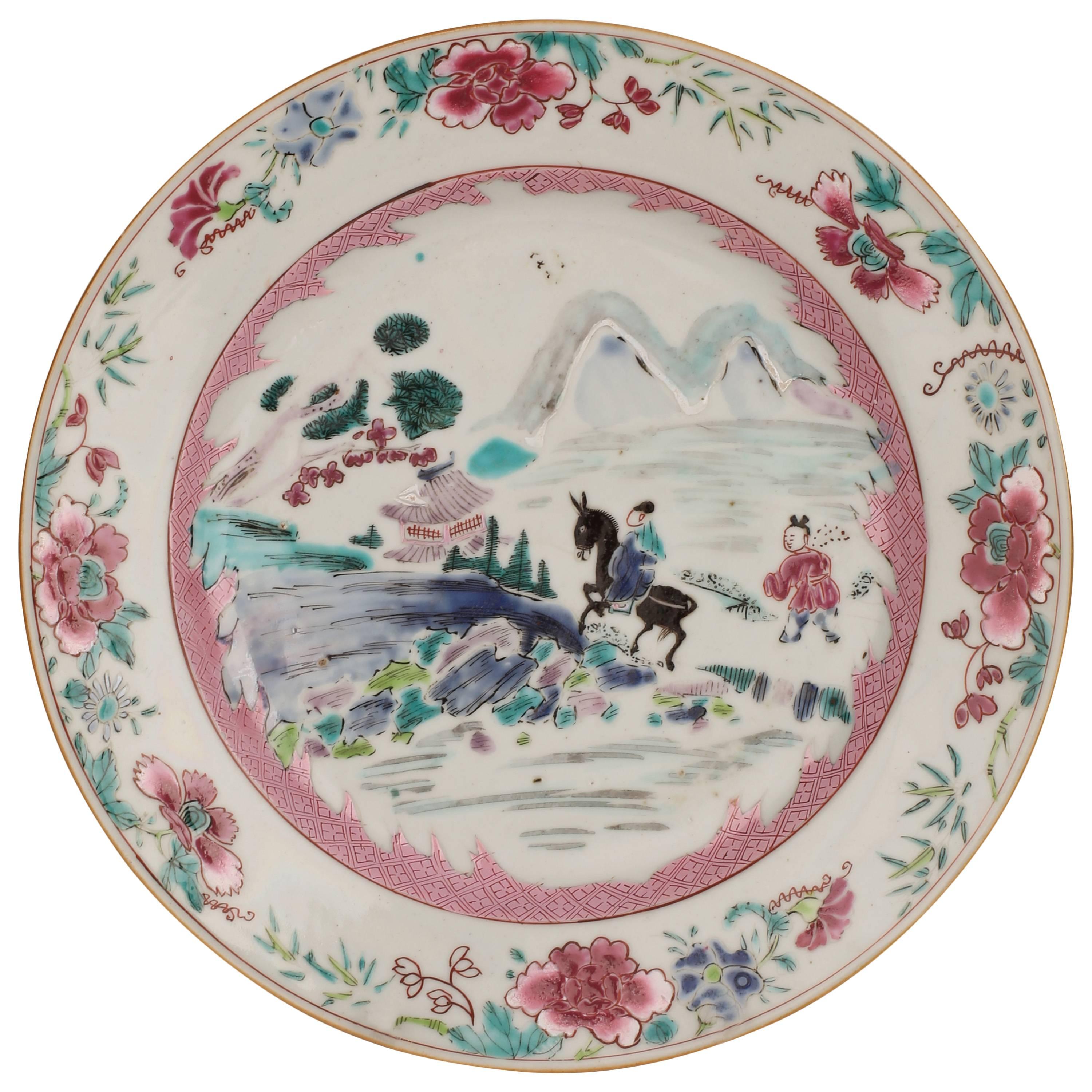 Chinese Porcelain Famille Rose Plate Painted with a Man on a Donkey 18th Century For Sale