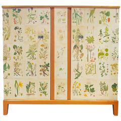 Vintage Swedish Wooden Cabinet with Nordern Flora Illustrations by C.A. Lindman