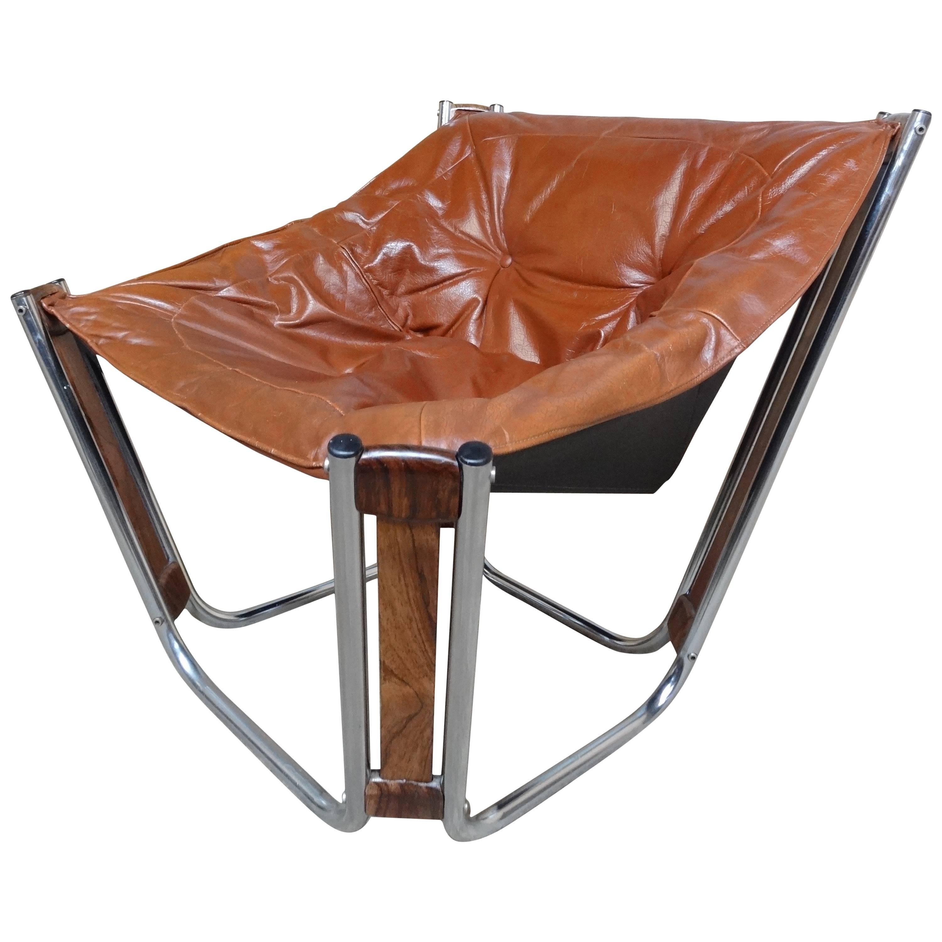 Sought After Brown Leather Chrome/Rosewood Slingback Relling Lounge