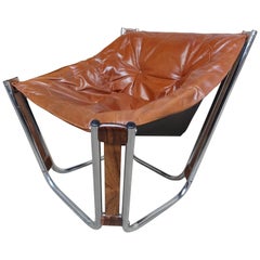 Sought After Brown Leather Chrome/Rosewood Slingback Relling Lounge Chair