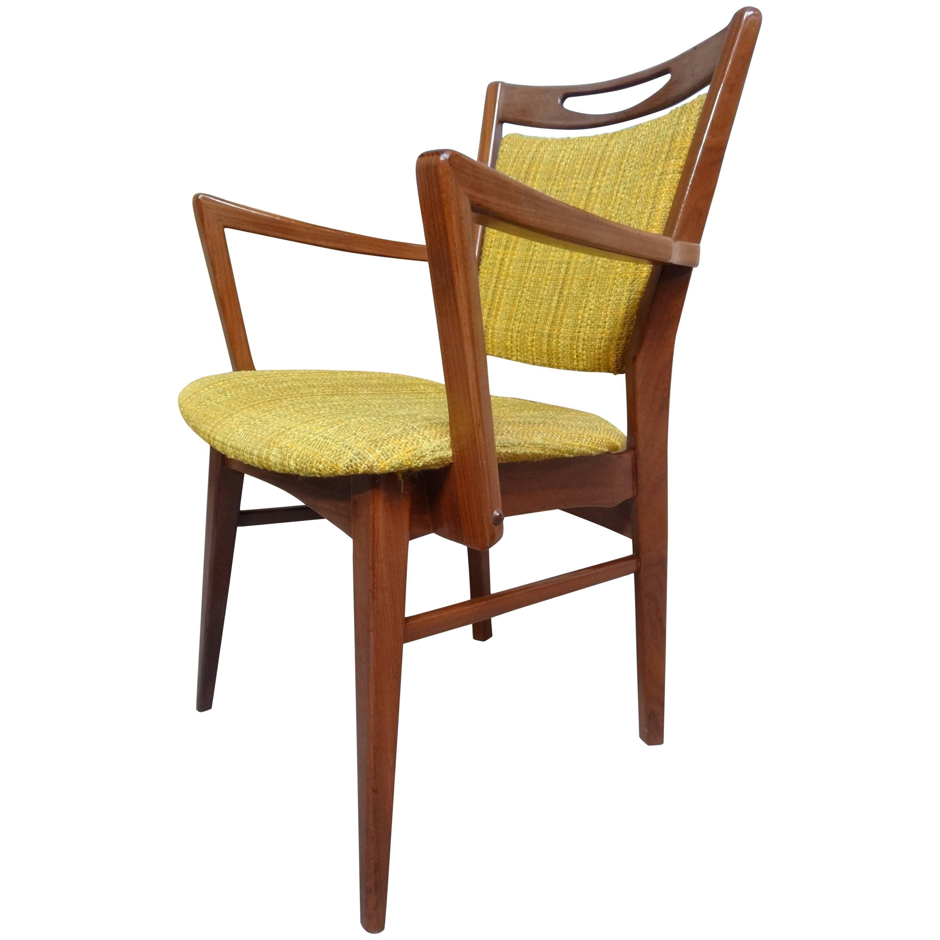 Mid-Century Modern 1950 Danish Teak Armchair with Yellow Fabric