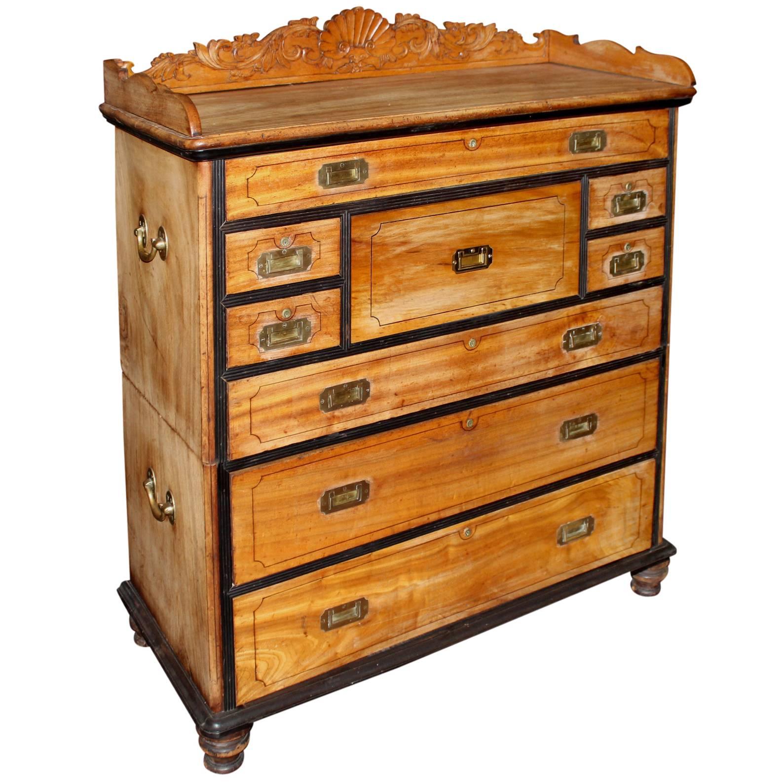 Anglo-Indian Camphorwood Two-Part Campaign Chest with Carved Gallery