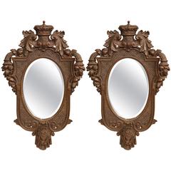 Antique Pair of 19th Century French Ornate Bronze Beveled Mirrors with Original Patina