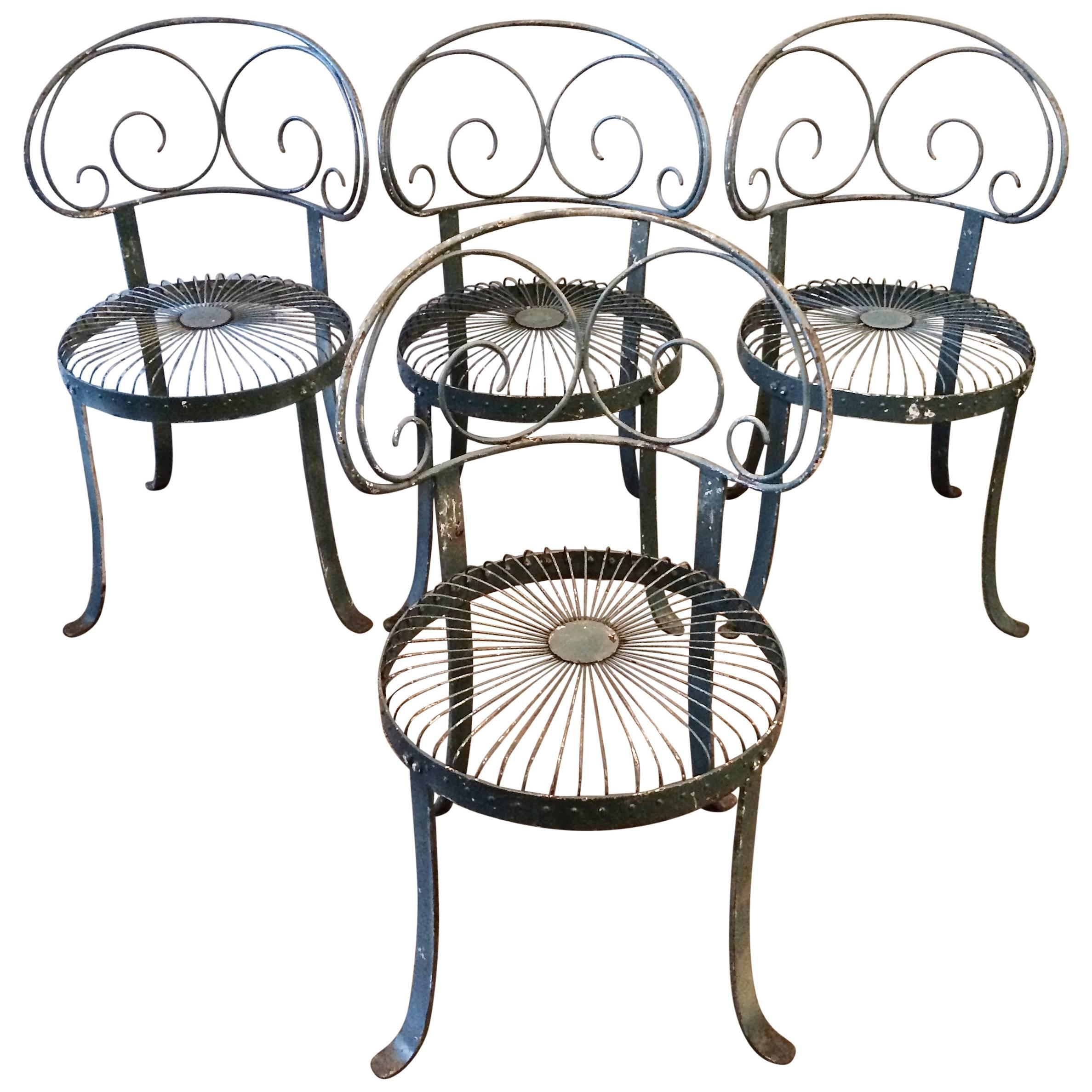 Set of Green Wrought Iron Scroll-Back Garden Chairs