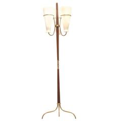 Italian Mid-Century Design Tripod Glass, Brass and Teak Wood Floor Lamp Lighting