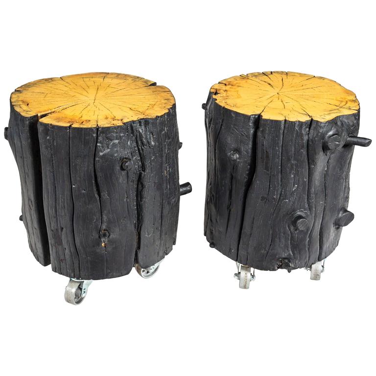 Shou Sugi Ban Black Sided Wood Log Table With Casters For At Shou Sugi Ban Black Sided Wood Log Table With Casters For