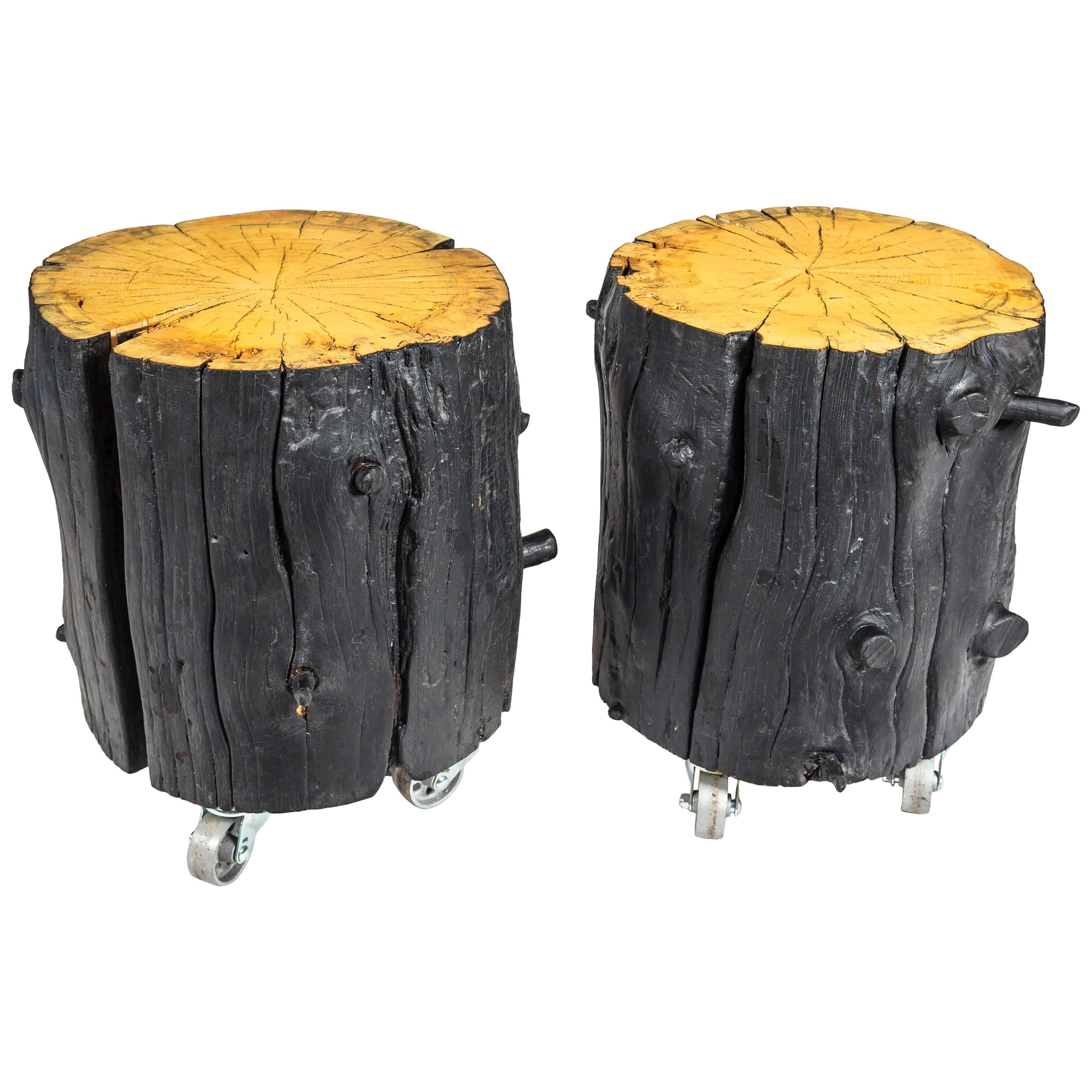 Rustic Burnt Black Wood Log Side Table/Coffee Table with or without Casters For Sale