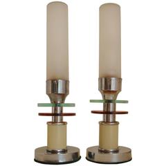 Pair of American Art Deco Chrome, Enamel, Two-Tone & Frosted Glass Table Lamps