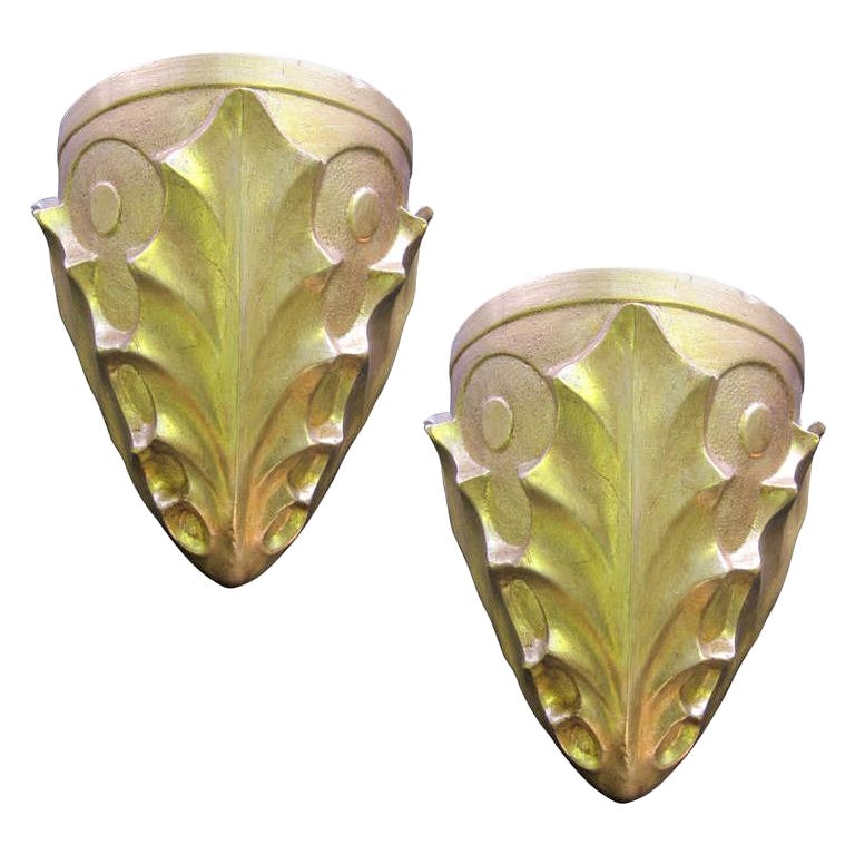 Pair French Mid-Century Neo-Baroque Gilt Terracotta Sconces