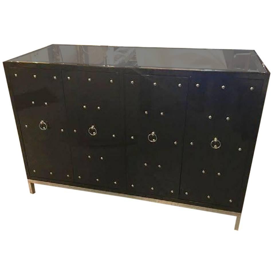 Parzinger Inspired Black Studded and Mirrored Cabinet Beveled Mirror Top