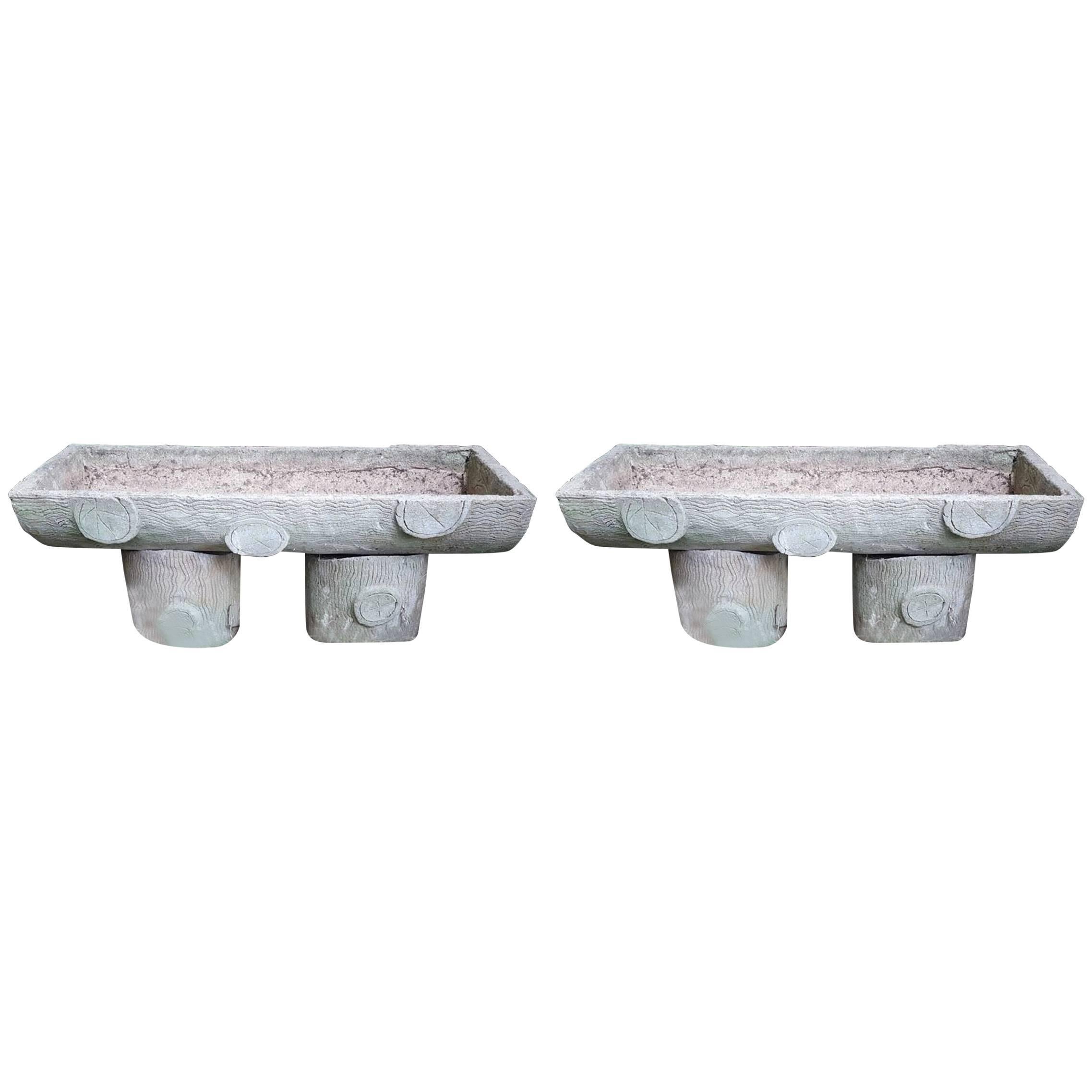 Pair of French, circa 1950 Faux Bois Trough Planters on Legs