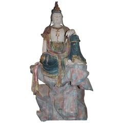 Polychrome Carved Wooden Seated Figure of Guanyin