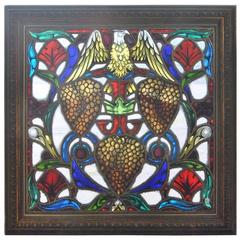 Antique Stained Glass Window with Hand-Painted Eagle and Grape Clusters, Framed