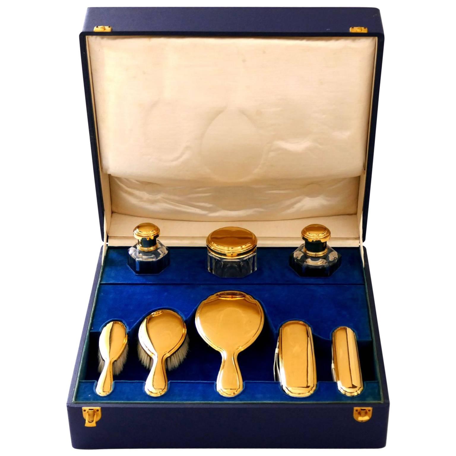 Tetard French 18-Karat Gold Sterling Silver Baccarat Crystal Travel Vanity Set For Sale