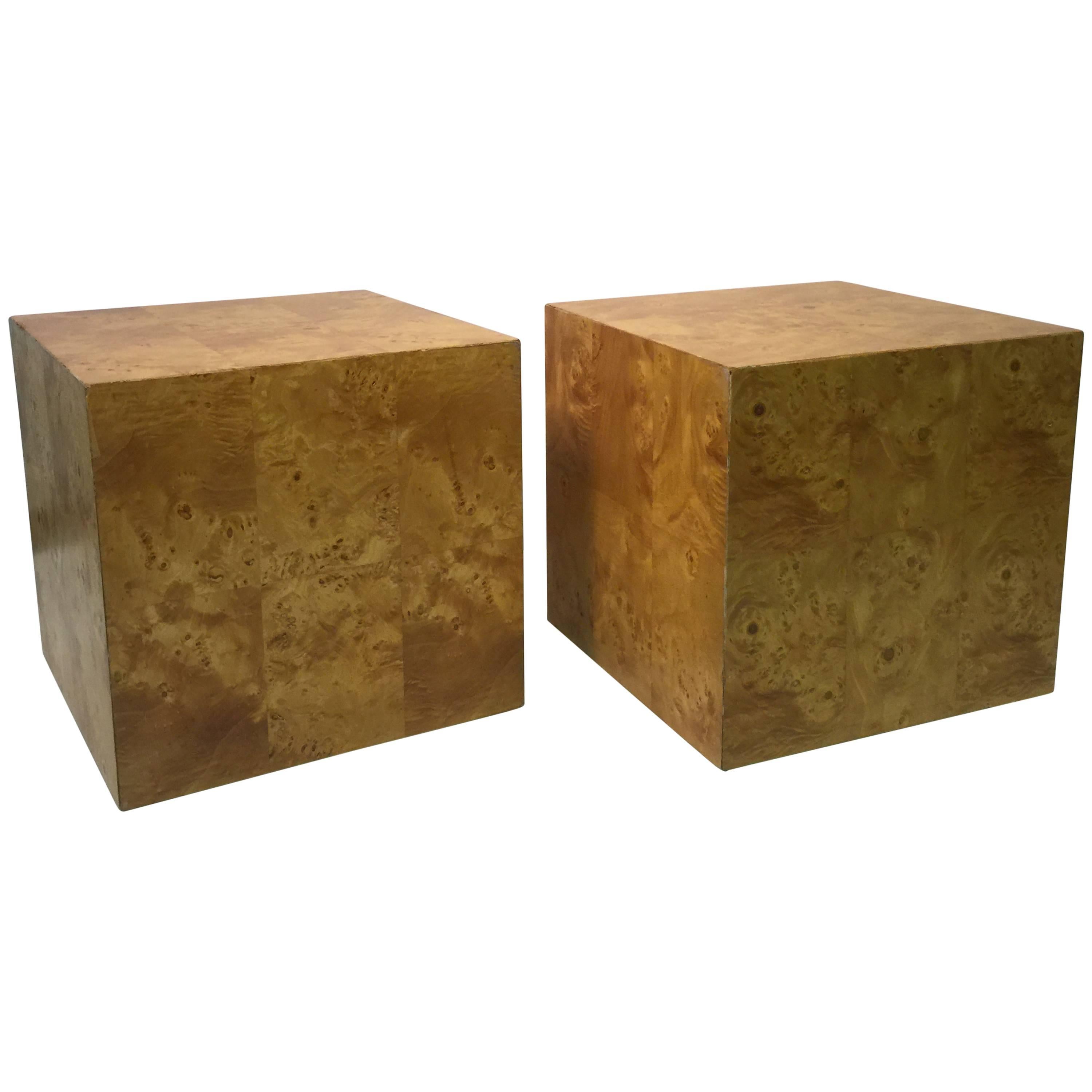 Pair of Marvelous Milo Baughman Burl Wood Cube-Shaped Side Tables