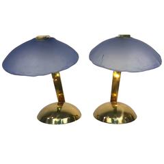 Terrific Brass Table Lamps with Glass Shades in the Manner of Cedric Hartman